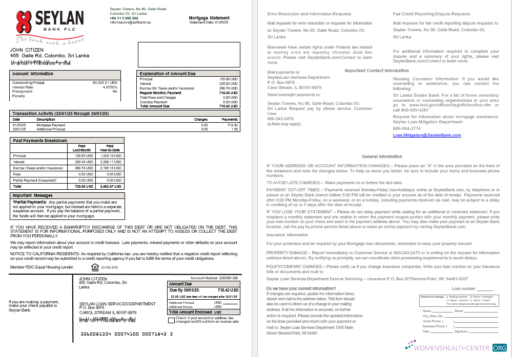 Download Sri Lanka Seylan Bank mortgage statement, 2 pages Photoshop template